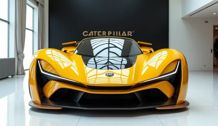 A stunning, futuristic (  Caterpillar bulldozer 2025 ) takes center stage in a luxury white showroom. The vibrant (yellow) exterior gleams, drawing attention to its sleek, aerodynamic design and bold accents. The (Caterpillar builders 2025) " is prominentl...