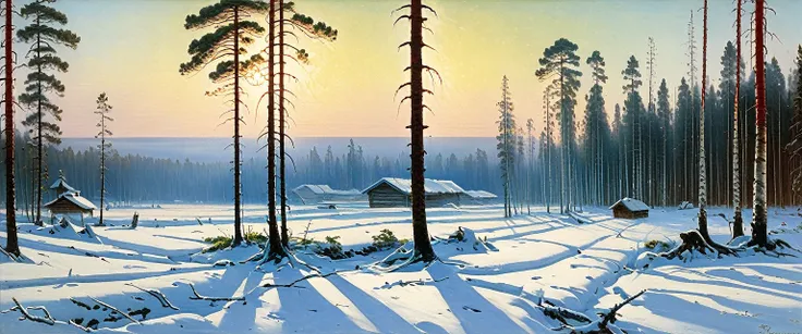 "Morning in the pine forest" oil painting by Ivan Shishkin and Alexei Savrasov, red trunks of pines, white trunks of birch, in the light of the morning northern Sun, a lot of snow on the branches, more snow, in the distance the silhouette of a house with a...