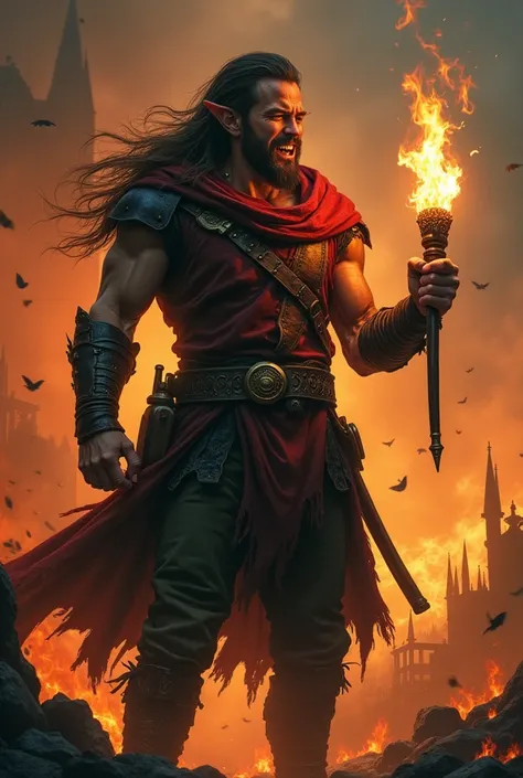 long-haired, athletic male elf thief laughing loudly stands on a building that is on fire and he still holds a torch in his hand, (irony, sarcasm, funny situation), (heavy metal opus), (action-packed movie scene), (epic fantasy masterpiece), (detailed face...