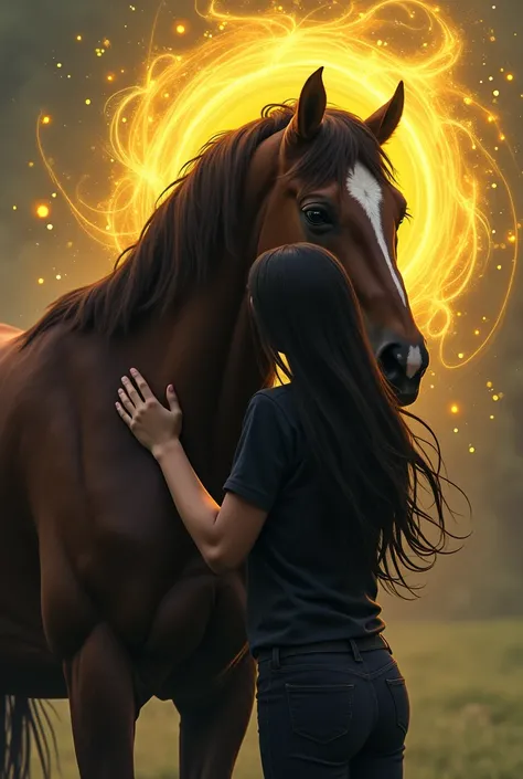 One girl is hugging a horse The girl has her back. turned Her hair is visible. She is wearing a black shirt and black pants .Her hair is black. Yellow cakra are spinning over the horses.the chkra is horse powr . head They are a real life horse and a gi