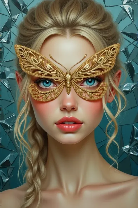  ruan jia and greg rutkowski surreal painting gold butterfly filigree, broken glass, (masterpiece, sidelighting, finely detailed Fashionable eyes: 1.2) (perfect oval large eyes that gazes at the viewer), beautiful detailed face, blue gorgeous perfect eyes,...