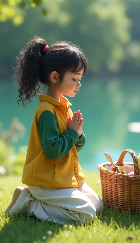 An 1 schoolgirl in prayer, beate white schoolgirl coat pants, and yellow tracksuit jacket and green sleeves, she has black curly hair , she is kneeling on the lawn next to the picnic basket hyper realism, in the background a lake and the boys out of focus ...