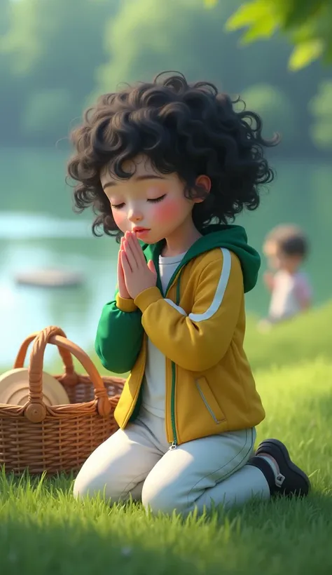 An 1 schoolgirl in prayer, beate white schoolgirl coat pants, and yellow tracksuit jacket and green sleeves, she has black curly hair , she is kneeling on the lawn next to the picnic basket hyper realism, in the background a lake and the boys out of focus ...