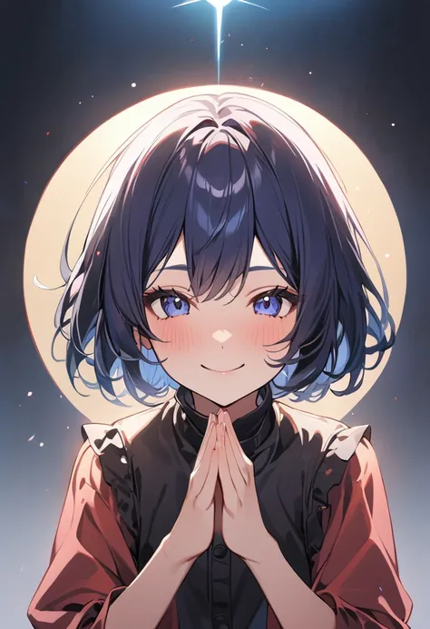 (masterpiece, best quality),(one girl),Cute face,(hands in a prayer pose),Simple Background,smile,Symmetrical Illustration,simple Art, (sixteen yo,detailed face,(darkblue hair, wavy-short hair),eyebrows),