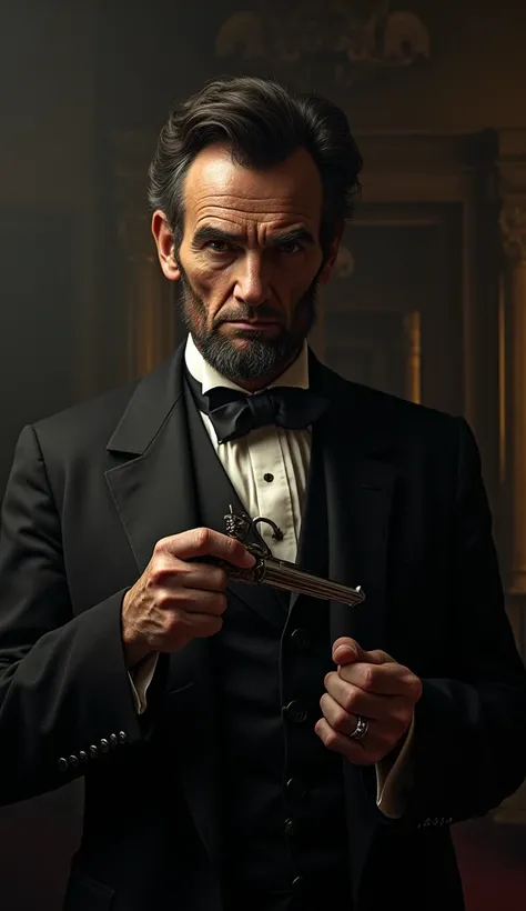 A tense moment with Booth standing directly behind Lincoln, holding a small derringer pistol. The focus is on Booths determined expression and the gun pointed at the back of Lincoln’s head.