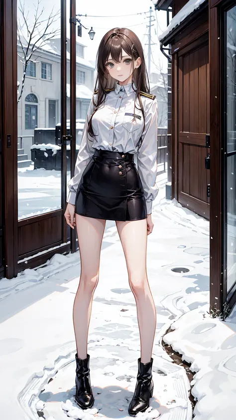 a girl,,standing in snow,long brown hair,very slim,skinny,wearing uniform,thin waist,short skirt,baring legs,wearing short black boots