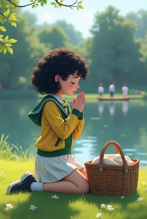 ((an girl)) schoolgirl in prayer, Wears pants ((white school shelter,)) and yellow tracksuit jacket and green sleeves, she has black curly hair , she is kneeling on the lawn next to the picnic basket hyper realism, in the background a lake and the boys out...