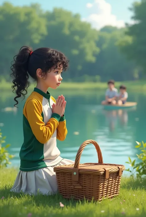 ((an girl)) schoolgirl in prayer, Wears pants ((white school shelter,)) and yellow tracksuit jacket and green sleeves, she has black curly hair , she is kneeling on the lawn next to the picnic basket hyper realism, in the background a lake and the boys out...