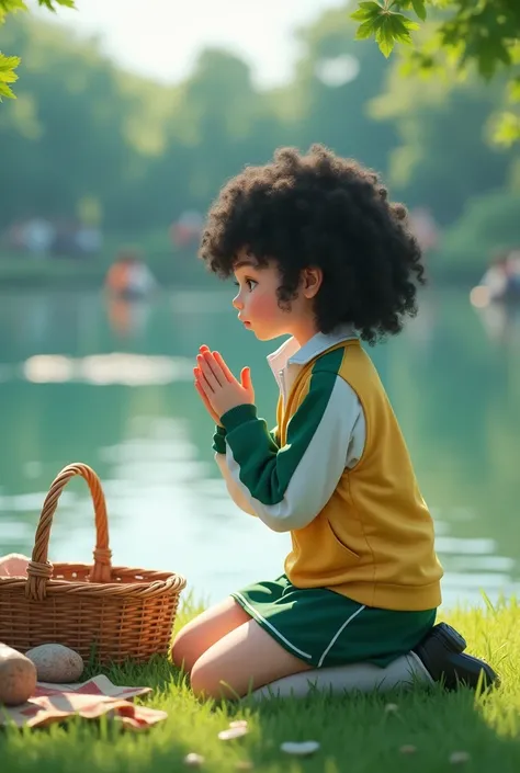 ((an girl)) schoolgirl in prayer, Wears pants ((white school shelter,)) and yellow tracksuit jacket and green sleeves, she has black curly hair , she is kneeling on the lawn next to the picnic basket hyper realism, in the background a lake and the boys out...