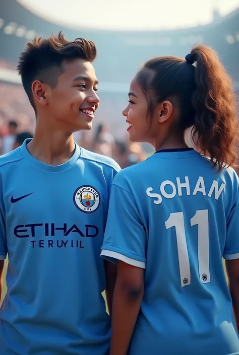 The boy Sohan and the girl Samita are the fan of mancity football club..they wearing mancity football club jersy. there name showing there jersy