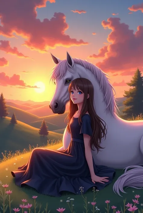 Brunette girl with blue eyes and a black dress on, a white horse with black dots laying next to the girl, a sunset in the background, anime style