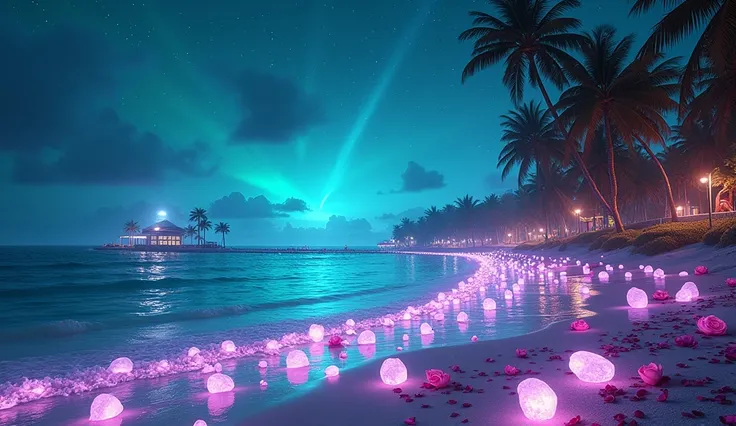 The beach is covered in blue and green fluorescent light，(Many beautiful colored stones like glass are scattered all over the beach，海滩有HD画质)(Very beautiful various luminous stones sparkling all over the beach，Crystal clear)，(beautiful beach，Starry sky，Pink...