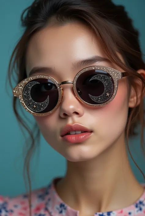 The model is wearing glass sunglasses with stars and the moon on the glass