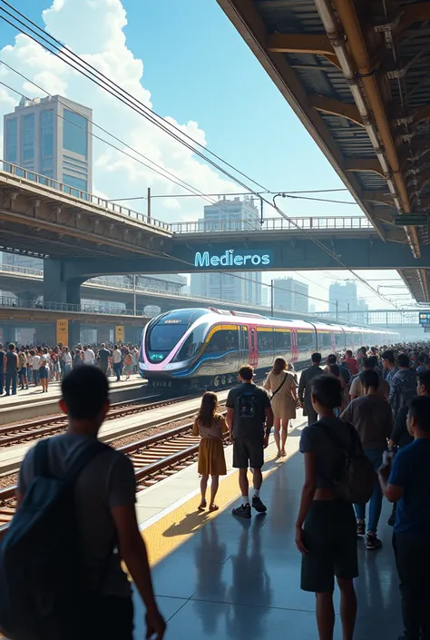 Partridge Train Station，People on the platform waiting for the subway,  Sumaré Avenue on the side 2 High suspended lanes，Trens de estilo futurista，fundo do horizonte da cidade，People are busy，（Trilha Leve：0.8）。e o nome MEDEIROS escrito na paisagem