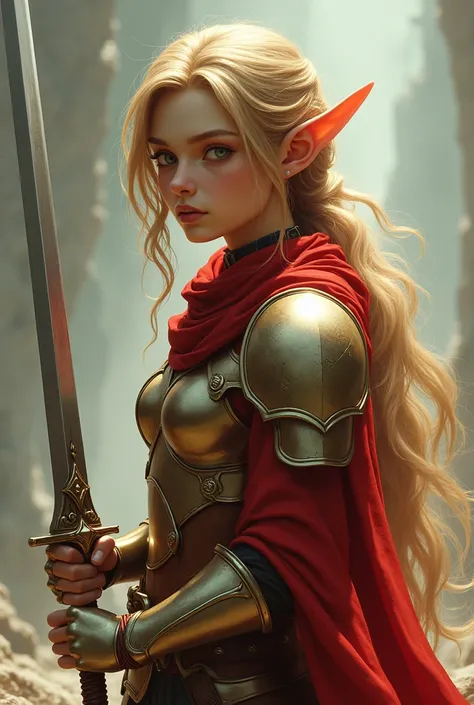 Final Fantasy game theme. Image of a 2 elf with tanned hair standing holding her favorite sword., He wore light armor in Red and Gold, pastel colours, and dramatic tones. A masterpiece with the highest resolution. , Surrealist image type