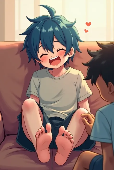 Emo anime boy, blue hair, skin very white, laughing, sitting on sofa, barefoot, getting tickled on the soles of her feet by a dark-skinned boy