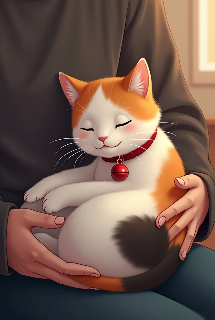 Calico cat with red bell collar curled up in human lap 