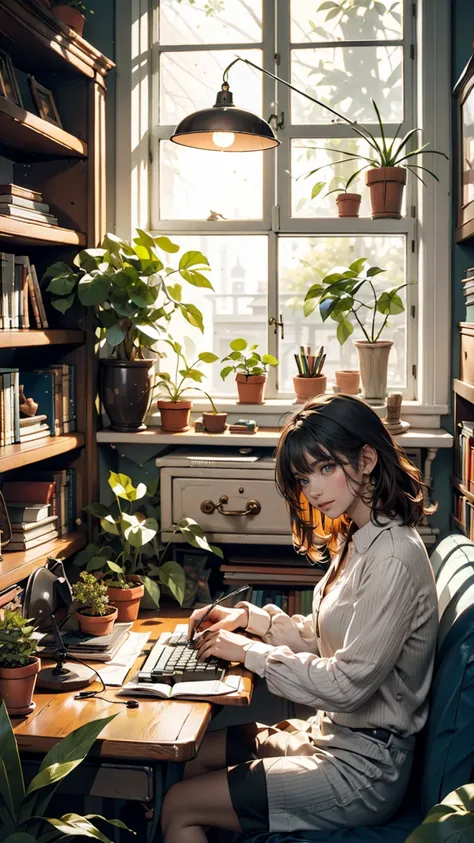 living room, sofa, window, curtain, Speckled sunlight, Potted plants, table, cupboard,Bookshelf, paper, Desk lamp, Typewriter, Sitting on the couch