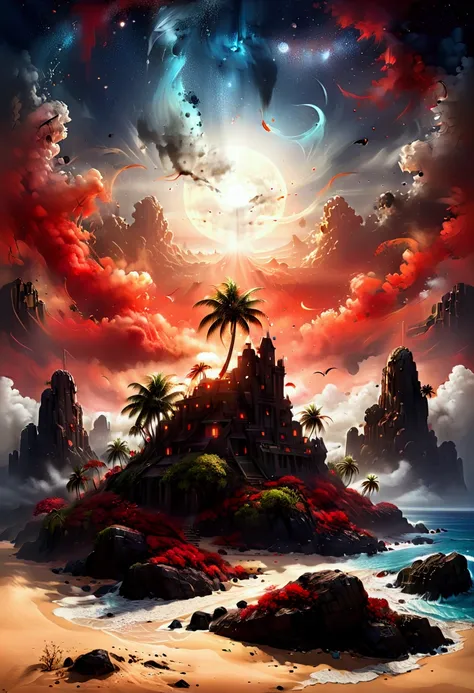 rafid, a mysterious island painting, mysterious island, secret island, there are some palm trees there, white and red sand, mist...