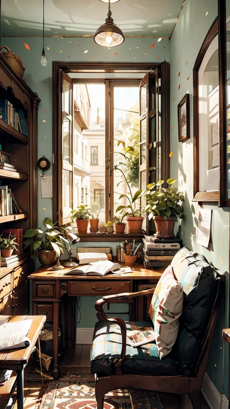 living room, sofa, window, curtain, Speckled sunlight, Potted plants, table, cupboard,Bookshelf, paper, Desk lamp, Typewriter, Sitting on the couch