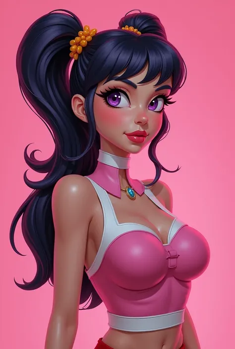 Bubble powerpuff girls realistic style and with big breasts, name Gaby in fluorescent 