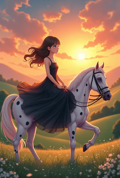 Brunette girl with blue eyes and a black dress sitting on a white horse with black dots, a sunset in the background, anime style