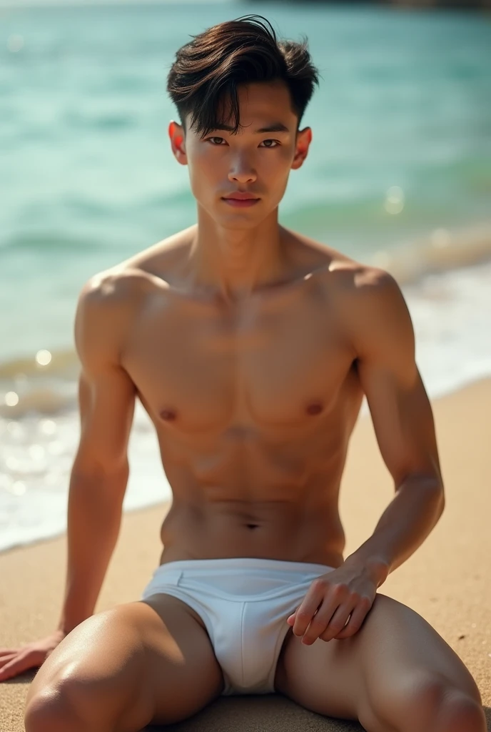 (photorealism:1.2), handsome asian boy, pale skin , shirtless, only wear undies, big bulge, sitting on the beach, hairy armpit