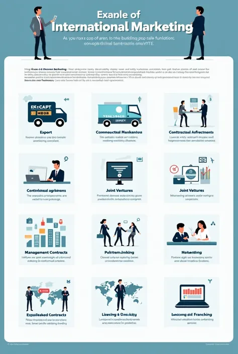 Digital poster of scope of the international marketing
1. Export
2. Import 
3. Re-export
4. Contractual Agreement
5. Joint venturing
6. Fully Owned Manufacturing
7. Management contracts
8. Licensing and franchising