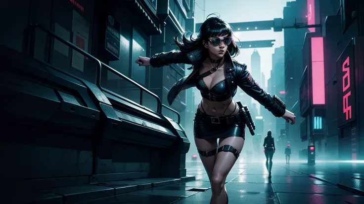 cyberpunk-style city with a nocturnal vibe with Blade Runner style aesthetic references. At night, (1girl, solo, alone), medium-breast slim:0.6 body, oval:0.5 face, cleavage:1.1, sexy black laced bra, miniskirt, white laced panty, coat, (black micro sungla...