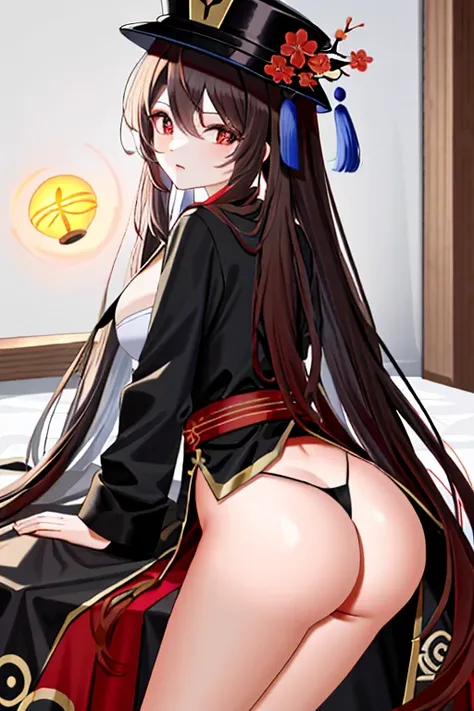 masterpiece，need，One person，Hu Tao（The original god），Bou Tao，hat，Red eyes，Dual Horsetail，Brown haired，solo，Symbol-shaped pupil，Long white hair，With bangs，Black shorts，Hanfu，Huge cleavage，Half naked，Sexy big ass，Teasing sexy ass，Exposing Sexy Breasts，The tr...