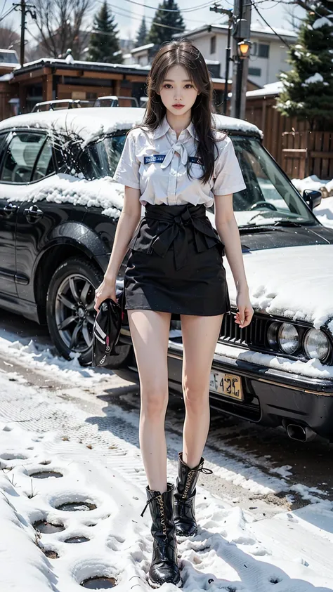 a girl,,standing in snow,long brown hair,very slim,skinny,wearing uniform,thin waist,short skirt,baring legs,wearing short black boots