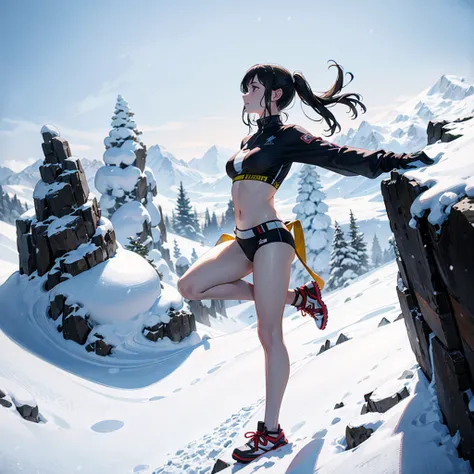 Beautiful girl with healthy body,free climbing,midriff,bikini,bare legs,breathing white air,strong snow storm,strong snowy day,flying snowflakes as background,climbing snow peak,crawling on a vertical cliff,high altitude,high height,precise face