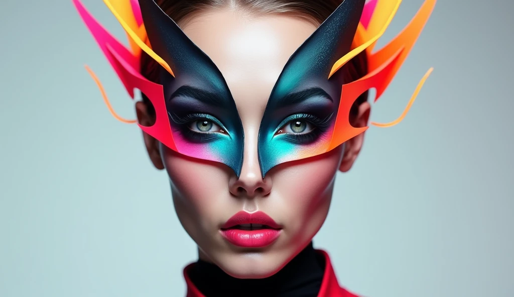 Beautiful woman with fancy make-up and abstract face mask studio portrait in RGB color split effect style