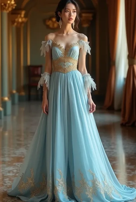 The dress was light blue silk with gold embroidery along the bodice and hem. It featured a flowing skirt, delicate lace-trimmed sleeves, and a gold sash at the waist