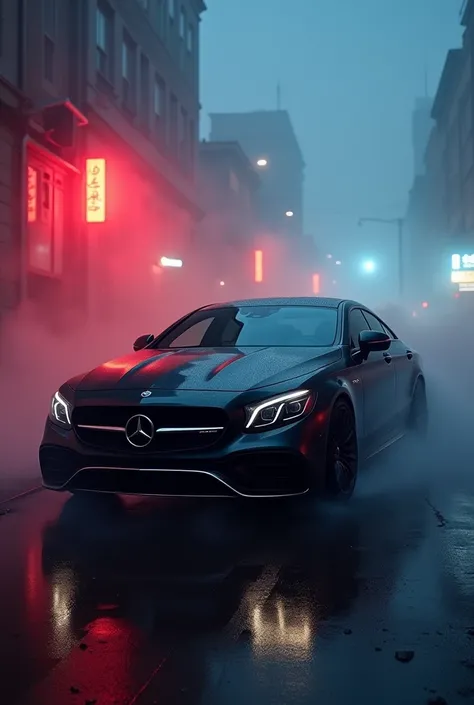 Black mercedes in fog in neon light