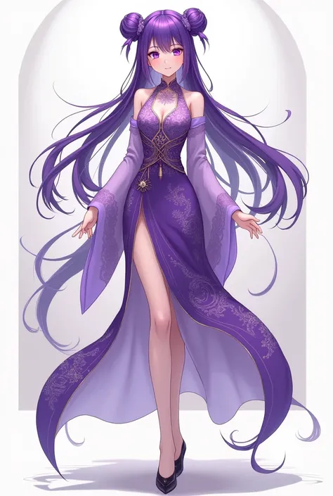 purple色の髪, Adult female, purple, China dress, twin bun, whole body, Toes, front, anime