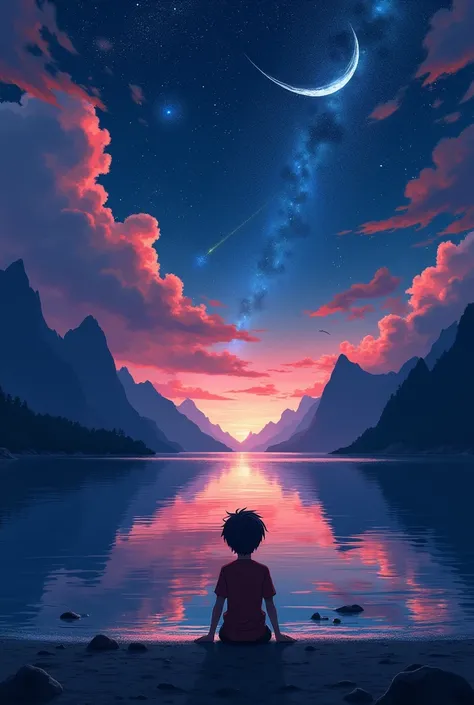 Beautiful scenery, seaside, 1boy sitting on seaside looking at sky, Dark sky, Star, moon, shooting Star, Red clouds, background mountains, Still water reflections, picturesque, Idyllic, artwork, Best quality, 8K, Extremely detailed,Anime Modeling, Luxury E...