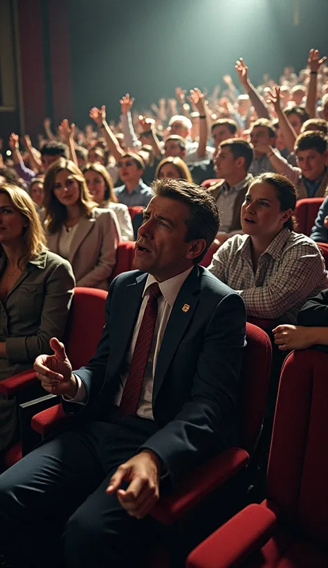 A chaotic scene of the audience reacting to the gunshot. People are rising from their seats in panic, some looking towards the president’s box, others in confusion, adding to the intensity of the moment.