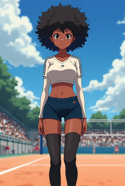 haikyuu oc, Girl 1,50 tall, hourglass body, Curly hair, negro, and large,Pale skin, dressed in a skirt with stockings and a long-sleeved shirt with a small neckline