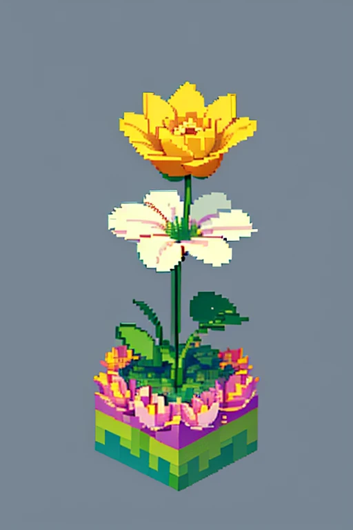 Create a pixel art flower image. The flower must be viewed from top to bottom, like in 2D isometric view games. The flower should have simple details and follow the retro pixel art style., with a vibrant color scheme.