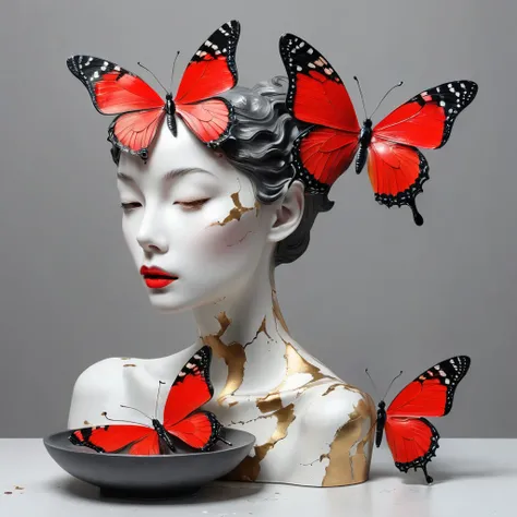 ((exhibition, woman, Still life table, Art statues, 3D sculpture, Colored ceramics, Surface cracks, Broken texture)), mercy, thin neck, Show the beauty of nature. Black and red theme, Kane, gold powder, This work is presented on a gray background.., art, H...