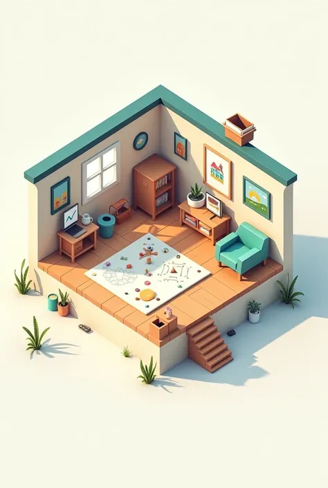 The house seen from above without the roof, inside the house there are objects, simple drawings like a game,2d perspective,straight view from top to bottom