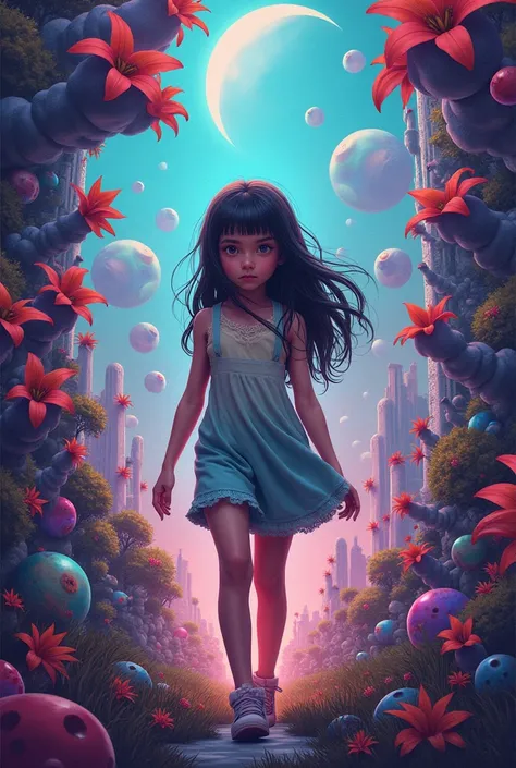 prompt:
「A girl lost in a fantasy world、Encounter strange creatures。Around her、A place filled with fantastical plants and unique buildings、It&#39;s like being surrounded by a psychedelic atmosphere that&#39;s like another world.。The girl&#39;s expression i...