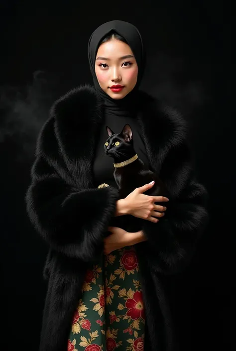 beautiful japanese woman wearing black hijab and tanned skin, wearing black designer glitter fur coat, and loose satin turtle neck floral dress (Dark green, red, gold), thick eyebrows, photorealistic, masterpiece, moncle, open coat, pouting lips, pouting, ...