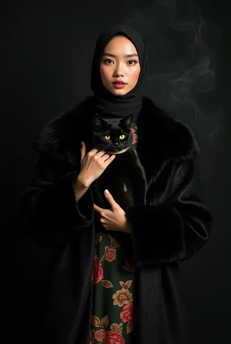 beautiful japanese woman wearing black hijab and tanned skin, wearing black designer glitter fur coat, and loose satin turtle neck floral dress (Dark green, red, gold), thick eyebrows, photorealistic, masterpiece, moncle, open coat, pouting lips, pouting, ...