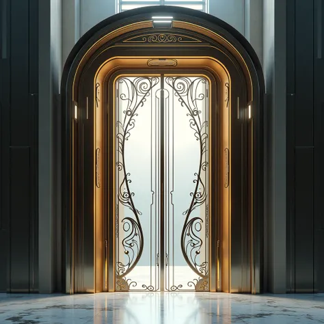 Create an image of a main entrance door designed with a blend of futuristic fantasy, Art Nouveau, modern geometry, and Le Corbusiers architectural style. The door should feature clean, geometric lines and functional design inspired by Le Corbusier, combine...