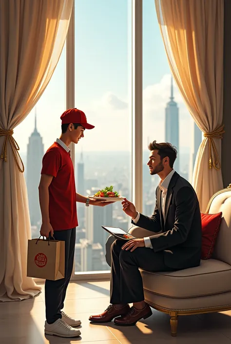 Delivery boy passing food to young rich man