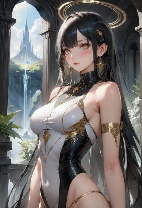 Long smooth straight black hair, inner colored white hair, golden eyes, slender and athletic built, fantasy skimpy clothing, masterpiece, super detail, best quality, 8k,semi-realistic