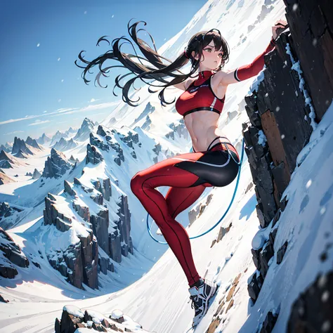 Beautiful girl with healthy body,free climbing,midriff,bikini,bare legs,breathing white air,strong snow storm,strong snowy day,flying snowflakes as background,climbing snow peak,crawling on a vertical cliff,high altitude,high height,precise face