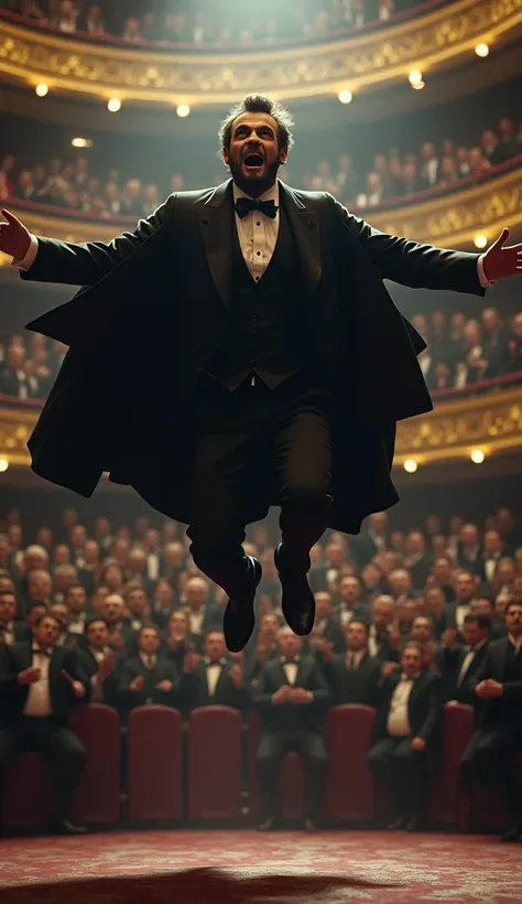 John Wilkes Booth mid-air as he leaps from the president’s box onto the stage. His cape flutters as he shouts "Sic semper tyrannis," with the shocked audience in the background.